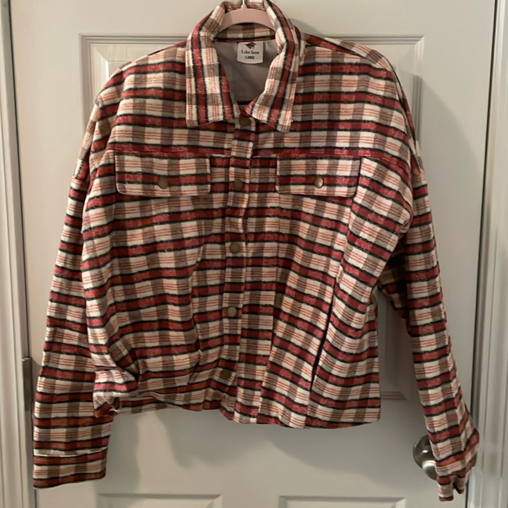 Like Love Left On Read Shacket in a Red/Multi Color, Flannel Body - NWT - SzL L
